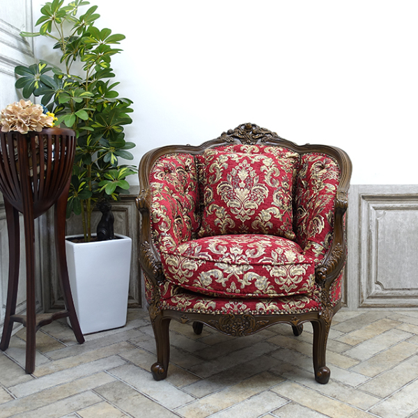 1人掛けソファ アンティークテイスト レッドダマスク 1008-1